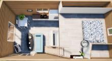 plan 3d de l interieur de la maison bois de 43m2 a Amou