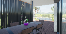 Conception 3D d une vue de piscine et terrasse 